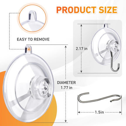 12-Pack Suction Cup Hooks – Clear 1.77" Medium, 10LB, Reusable & Removable