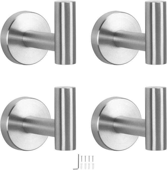 4-Pack Bath Towel Hooks – SUS 304 Stainless Steel, Wall-Mounted, Brushed Nickel