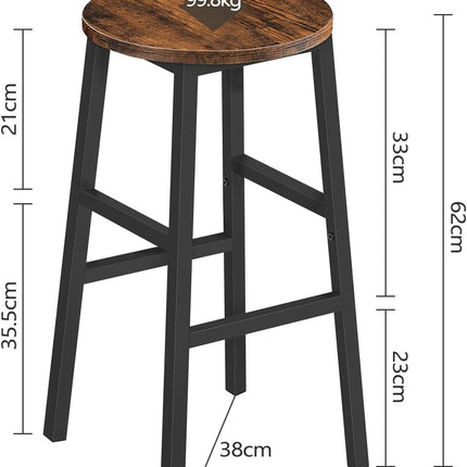 Set of 2 Rustic Brown Industrial Bar Stools with Round Seats and Footrests, 24.4 Inch