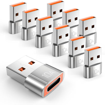 10-Pack 200W USB-C to USB Adapter, Fast Charging & 480MB Data, Silver