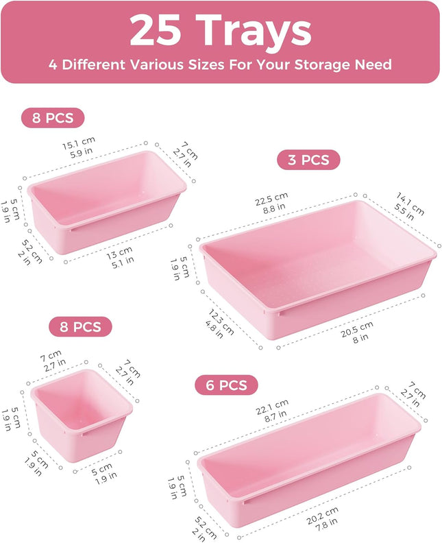 25 PCS Plastic Drawer Organizer Set, 4 Sizes Vanity Makeup & Storage Trays