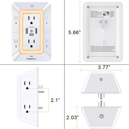 3-Sided 6-Outlet Surge Protector with USB-C, 3 USB Ports & Night Light, White