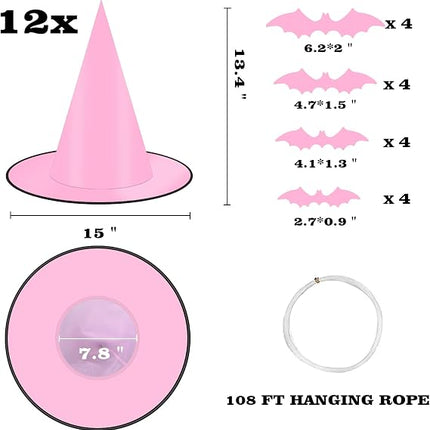 12 Hanging Black & Pink Witch Hats with 16 3D Bat Stickers, Halloween Decor