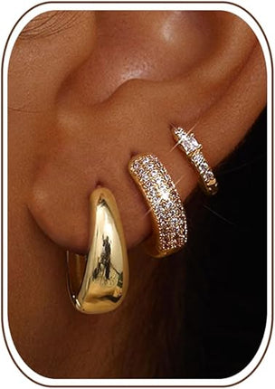 Small 14K Gold Plated Hoop Earrings – Hypoallergenic, 3 Pairs for Women