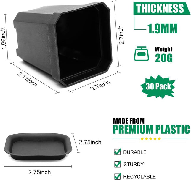 30pcs 3" Black Plastic Nursery Pots with Saucers – Seedlings & Flowers