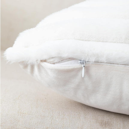 2-Pack Cream White Striped Faux Fur Pillow Covers 18x18, Plush Velvet Back