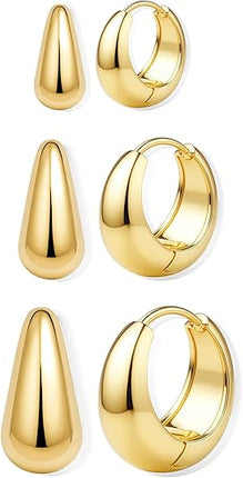 3-Pairs 14K Gold Plated Hoop Earrings – Small Hypoallergenic Huggies