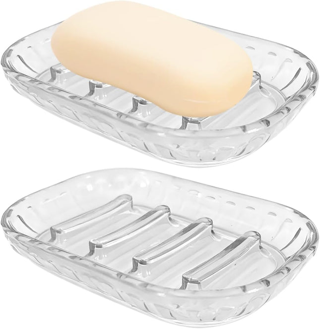 2-Pack Clear Plastic Soap Dish Holders with Drainage Slots for Bathroom and Kitchen