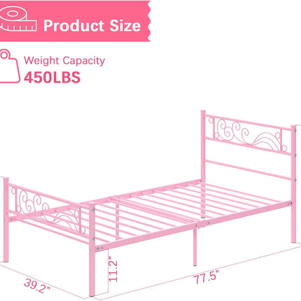 Pink Twin Metal Bed Frame Headboard, Heavy-Duty Steel Slats and 11.2-Inch Underbed Storage