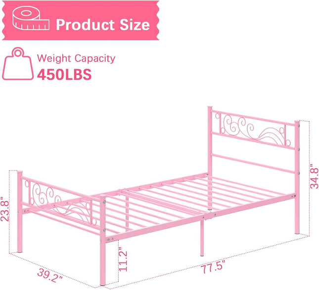Pink Twin Metal Bed Frame Headboard, Heavy-Duty Steel Slats and 11.2-Inch Underbed Storage