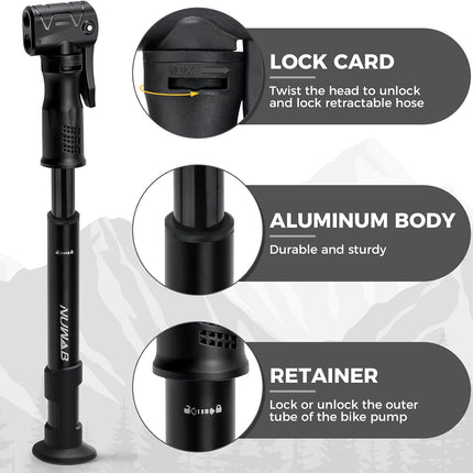10in Bike Pump, 100PSI Portable Hand Bicycle Air Pump, Presta & Schrader Valve