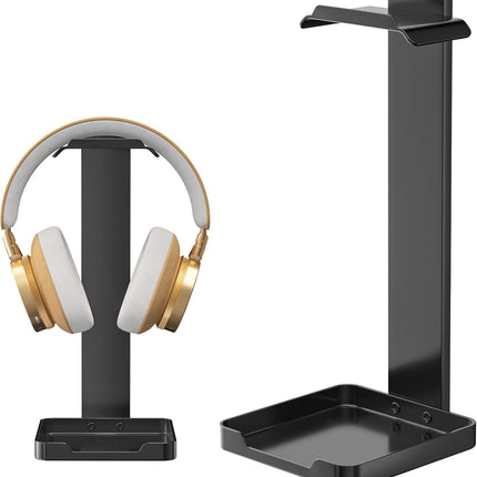 Black Metal Headphone Stand – Stable Holder with Bottom Storage Tray