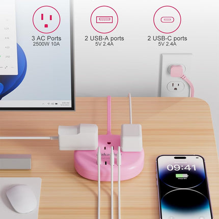 Pink Extension Cord with USB C, Kawaii Power Strip with 3 Outlets & 4 USB