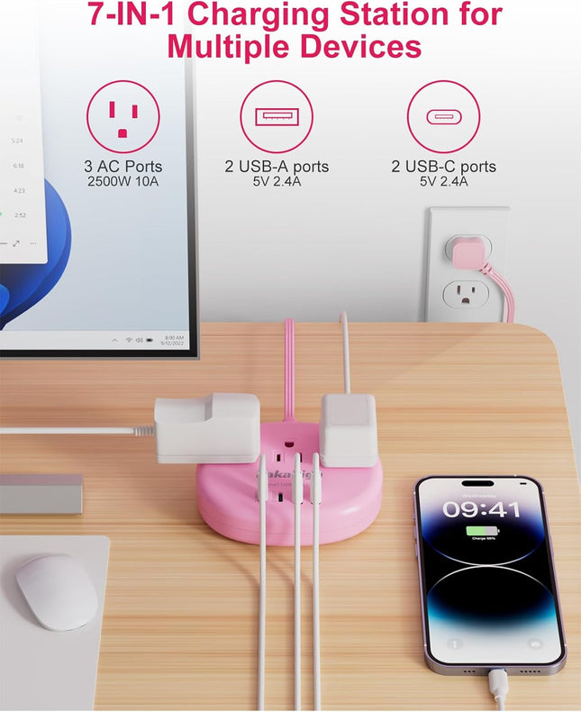 Pink Extension Cord with USB C, Kawaii Power Strip with 3 Outlets & 4 USB