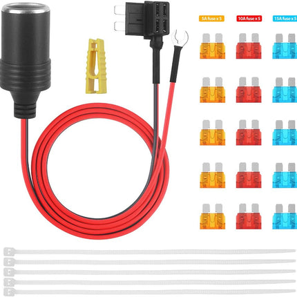 1m 3.3ft Car Cigarette Lighter with Fuses Kit – Add-a-Circuit TAP Adapter, 12V Fuse
