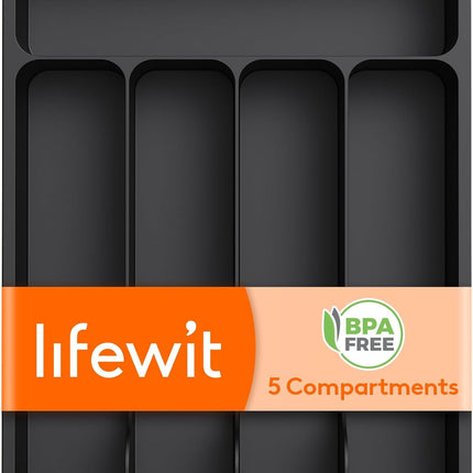 Silverware Drawer Organizer, 5 Slot Plastic Cutlery Tray for Kitchen, Black
