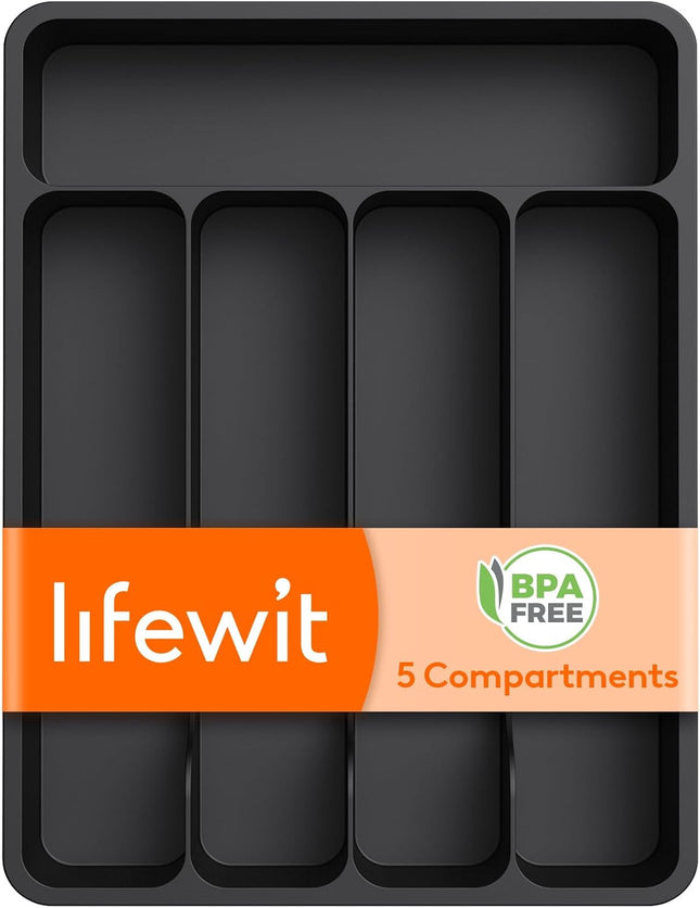 Silverware Drawer Organizer, 5 Slot Plastic Cutlery Tray for Kitchen, Black