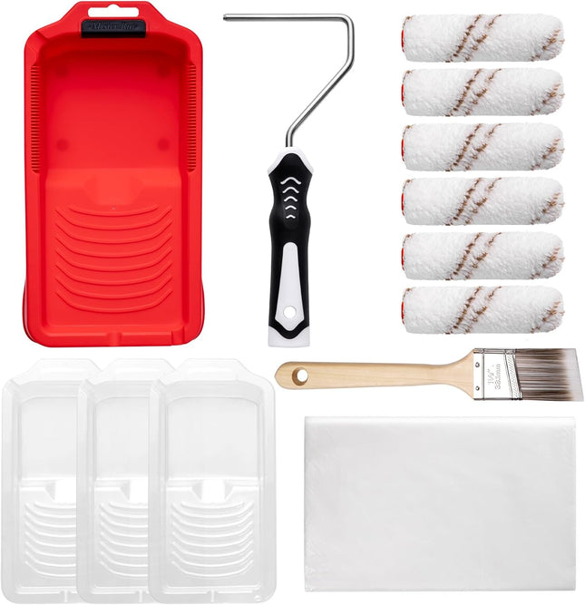 13 Piece Paint Roller Kit – 4-Inch Microfiber Rollers, Handle, Tray & Liners
