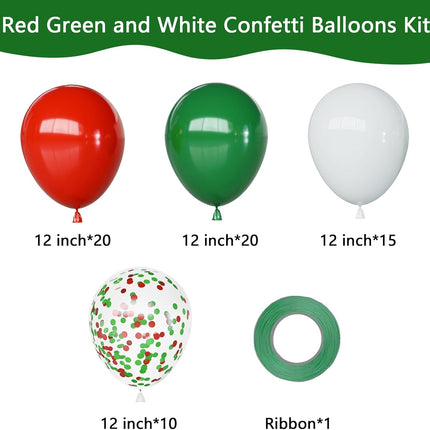65PCS Christmas Balloons Set – 12" Red, Green & White Latex and Confetti Balloons