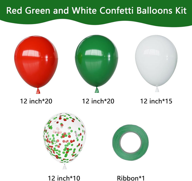 65PCS Christmas Balloons Set – 12" Red, Green & White Latex and Confetti Balloons