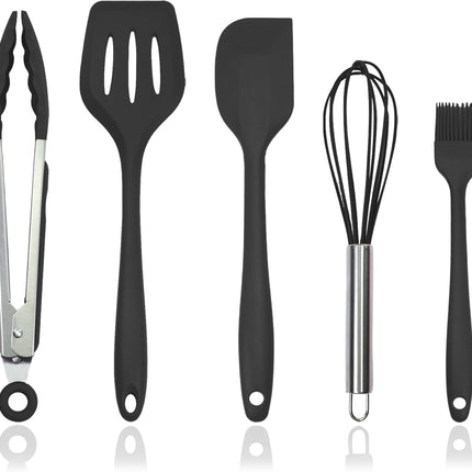 5PCS Silicone Kitchen Utensils Set with Holder Heat Resistant Black