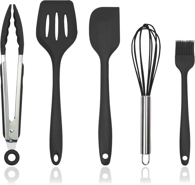 5PCS Silicone Kitchen Utensils Set with Holder Heat Resistant Black