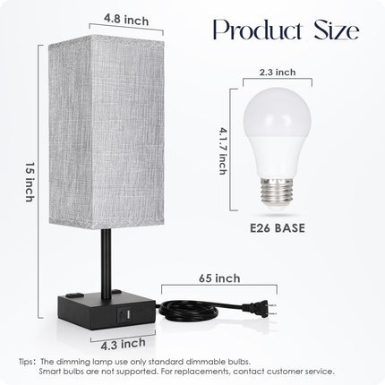 Set of 2 Bedside Table Lamps Touch Dimmable USB C+A Charging Ports AC Outlets