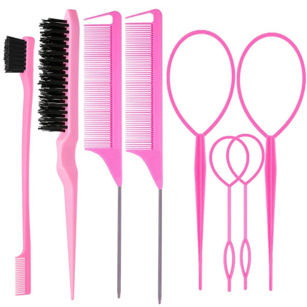 8PCS Hair Brush Set Topsy Tail Tool Teasing Brush Rat Tail Comb Pink