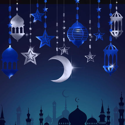 16PCS Silver Blue Ramadan Decorations: Star, Moon Lantern Garland & Eid Mubarak