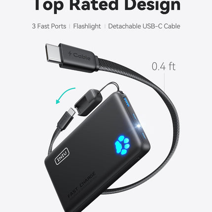 45W Ultra-Slim Portable Charger – 10000mAh PD Power Bank with Built-in USB-C Cable