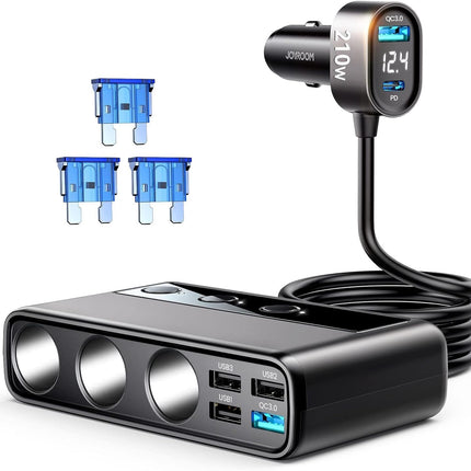 9-in-1 Cigarette Lighter Splitter, 210W Car Charger, PD/QC 3.0, 12V/24V