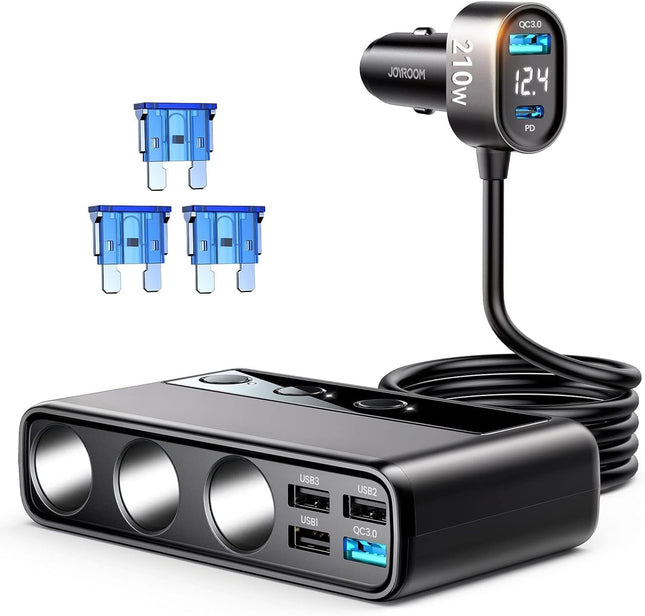 9-in-1 Cigarette Lighter Splitter, 210W Car Charger, PD/QC 3.0, 12V/24V