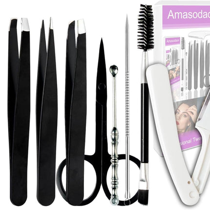 Tweezers Set 9+1 PCS – Professional Stainless Steel for Eyebrows & Facial Hair