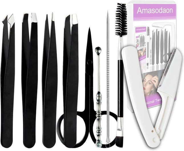 Tweezers Set 9+1 PCS – Professional Stainless Steel for Eyebrows & Facial Hair