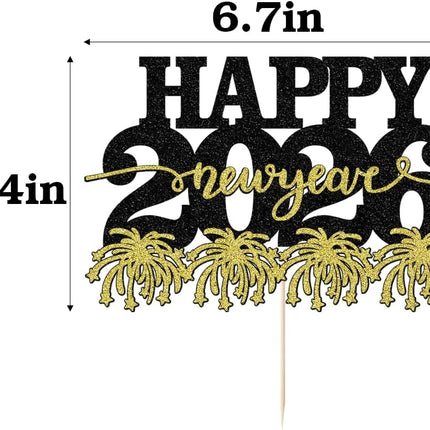 Happy New Year 2026 Cake Decoration – Black & Gold NYE Party Topper