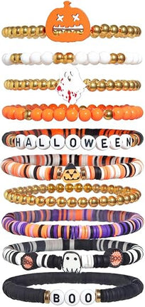 10-Piece Halloween Bracelets Set, Heishi Beaded Boo Skull Charm Stackable Jewelry