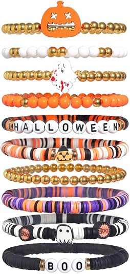10-Piece Halloween Bracelets Set, Heishi Beaded Boo Skull Charm Stackable Jewelry