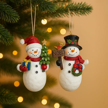 Christmas Snowman Ornament Set, 2 Hand-Painted Resin Figurines with Hanging Cord