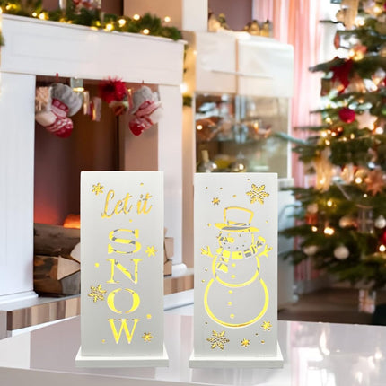 LED Lighted Christmas Snowman Decor | Wooden Table Sign with Timer