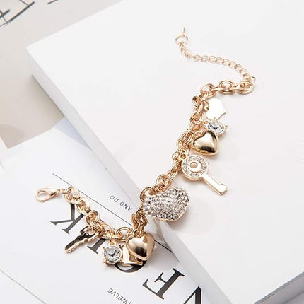 Gold Chain Link Bracelet 14K Plated Love Lock Key Heart Charm Women