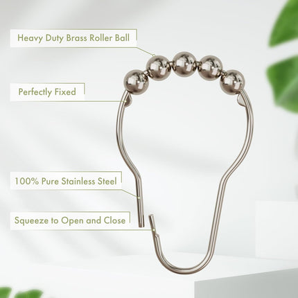 12PCS Polished Nickel Shower Curtain Hooks, Rustproof Stainless Steel, Decorative