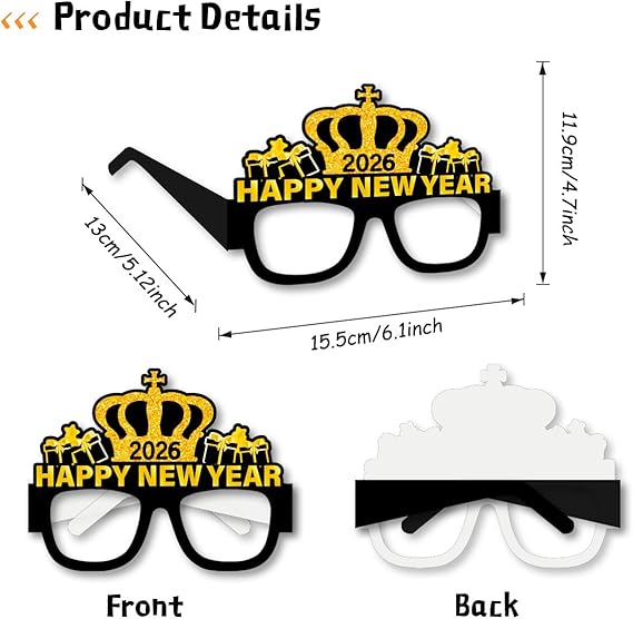 16-Piece NYE Glasses 2026 – Black & Gold Party Eyewear for Celebration