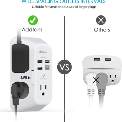3. Addtam Multi-Plug Wall Adapter, 5-Outlet Extender with USB/USB-C and 1800J Surge