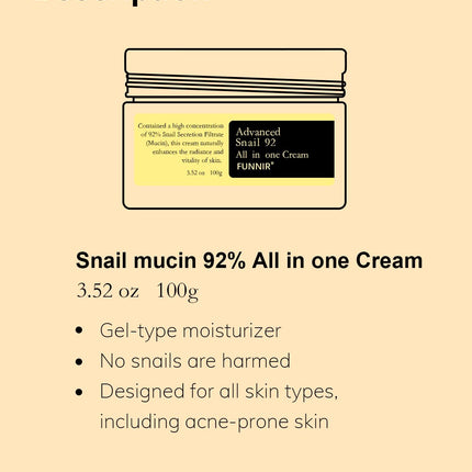 Snail Mucin 92% Moisturizer – Lightweight Face Cream, 100g, All Skin Types