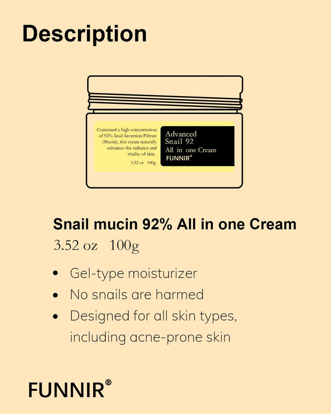 Snail Mucin 92% Moisturizer – Lightweight Face Cream, 100g, All Skin Types