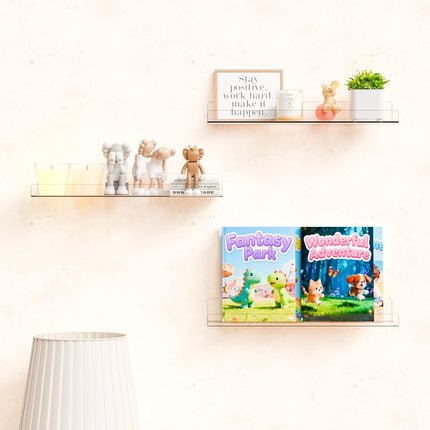 4-Pack 15" Clear Acrylic Floating Shelves – No-Drill Wall Storage & Display