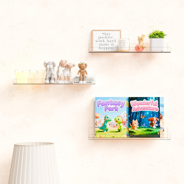 4-Pack 15" Clear Acrylic Floating Shelves – No-Drill Wall Storage & Display