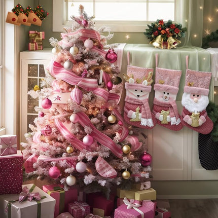 20" Pink Christmas Stockings with Gold Sequins, 3D Reindeer, Santa Claus & Snowman Designs