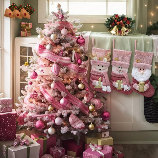 20" Pink Christmas Stockings with Gold Sequins, 3D Reindeer, Santa Claus & Snowman Designs