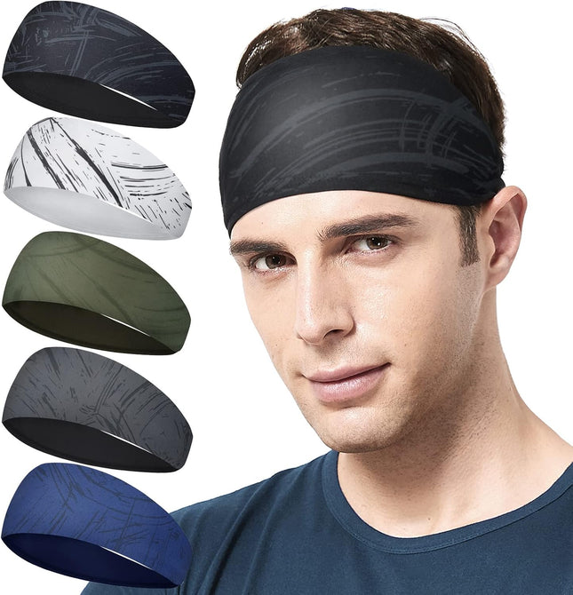 5 Pack Men's Sports Headbands Moisture Wicking Sweatbands for Running and Gym